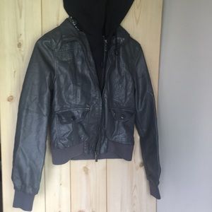 Dark grey faux leather hooded jacket